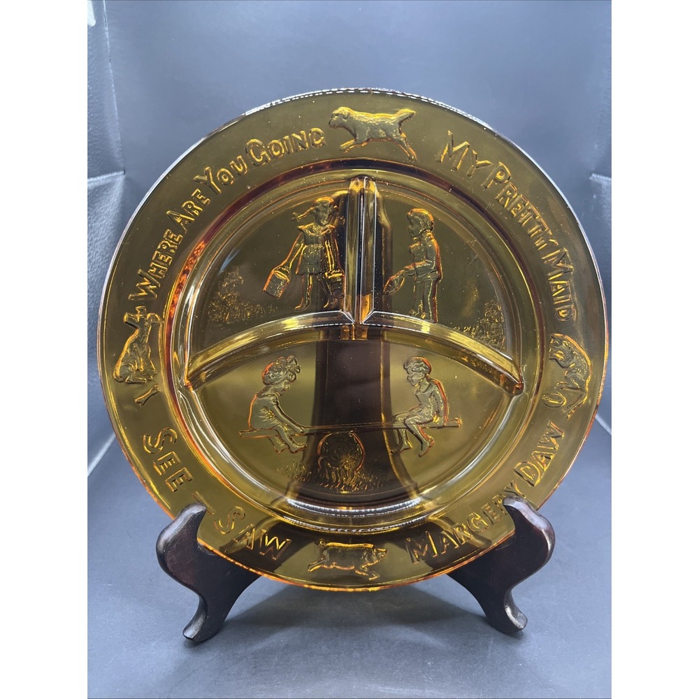 Vintage Tiara Indiana Glass Amber Nursery Rhyme Child Divided Plate Margery Daw‎
